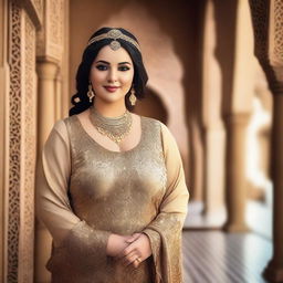 A beautiful Arabian plus-size woman in traditional attire, posing confidently