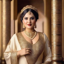 A beautiful Arabian plus-size woman in traditional attire, posing confidently