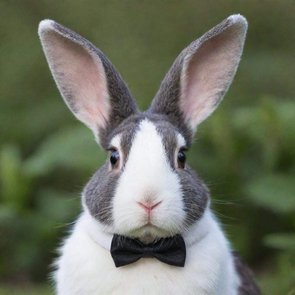 A bunny featuring a blend of white and black skin, wearing a collar and with white ears perked alertly.