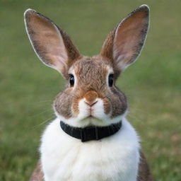 A bunny featuring a blend of white and black skin, wearing a collar and with white ears perked alertly.