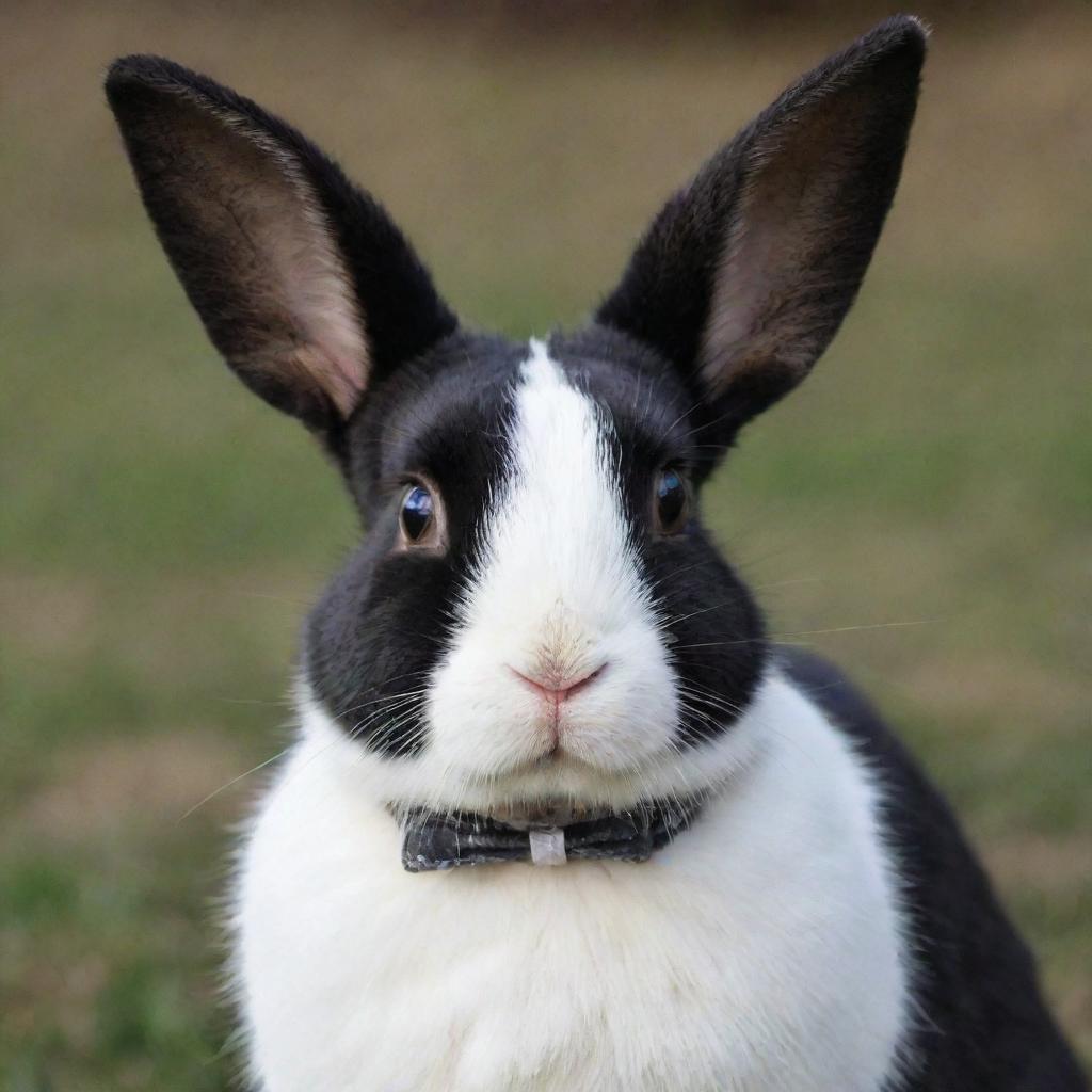 A bunny featuring a blend of white and black skin, wearing a collar and with white ears perked alertly.