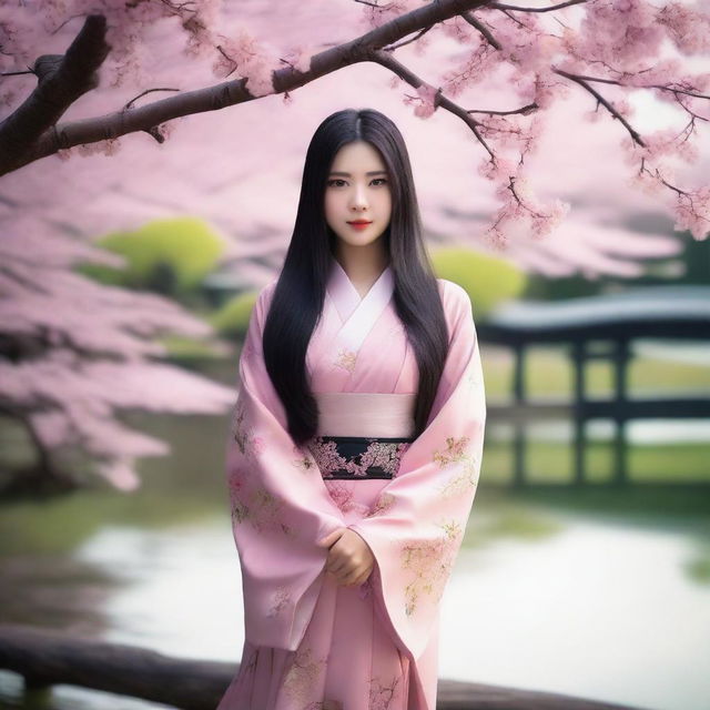 A beautiful Asian girl with long, flowing black hair, wearing a traditional dress