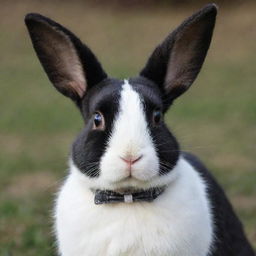 A bunny featuring a blend of white and black skin, wearing a collar and with white ears perked alertly.