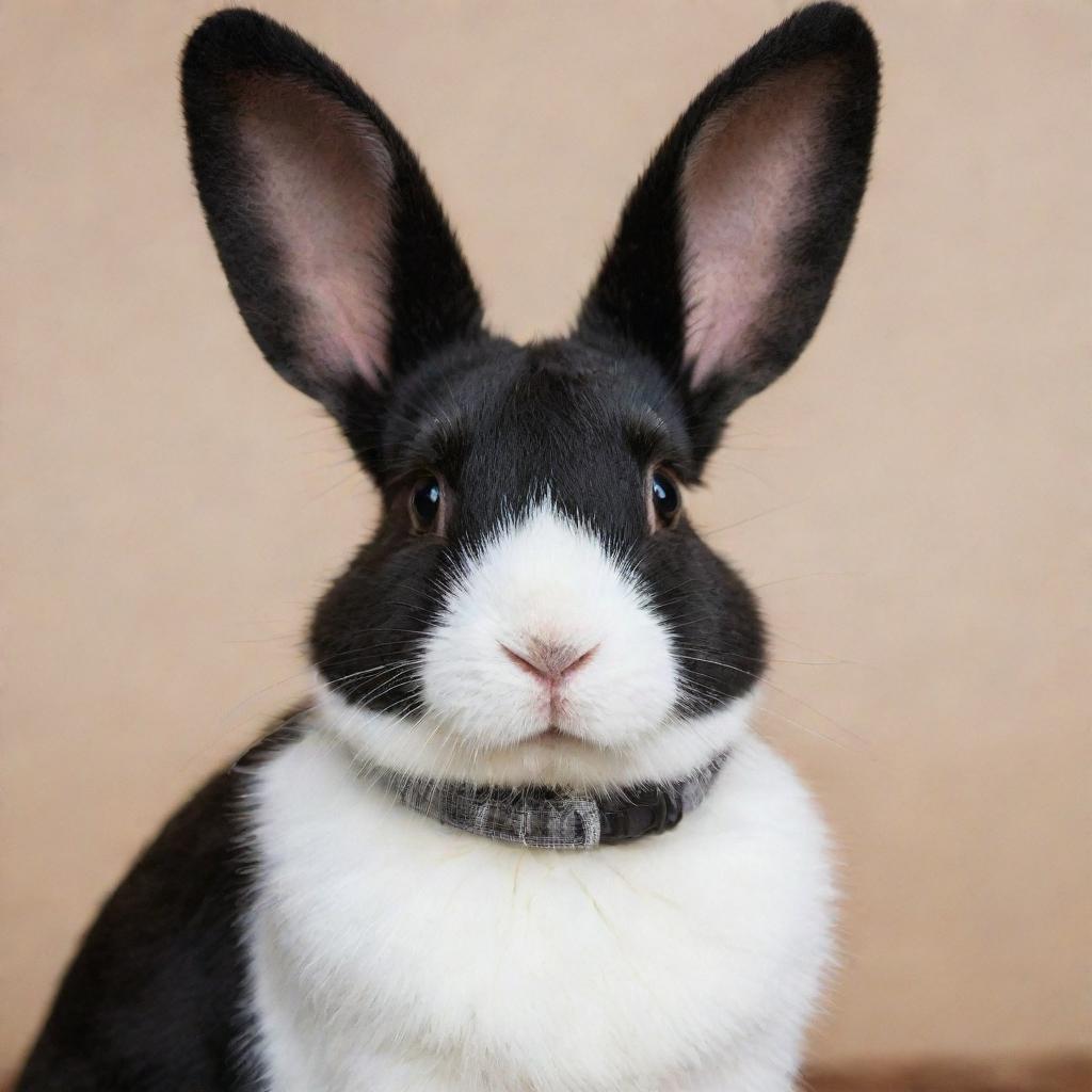 A bunny featuring a blend of white and black skin, wearing a collar and with white ears perked alertly.