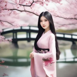 A beautiful Asian girl with long, flowing black hair, wearing a traditional dress