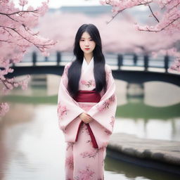 A beautiful Asian girl with long, flowing black hair, wearing a traditional dress