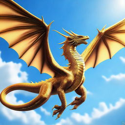 A majestic golden wyvern soaring through a clear blue sky, with its scales shimmering in the sunlight