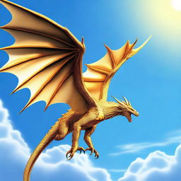 A majestic golden wyvern soaring through a clear blue sky, with its scales shimmering in the sunlight