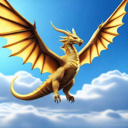 A majestic golden wyvern soaring through a clear blue sky, with its scales shimmering in the sunlight