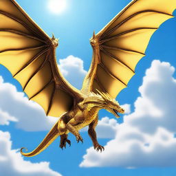 A majestic golden wyvern soaring through a clear blue sky, with its scales shimmering in the sunlight