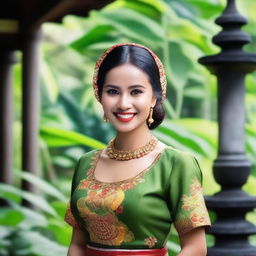 A beautiful Indonesian woman wearing traditional attire, smiling gracefully