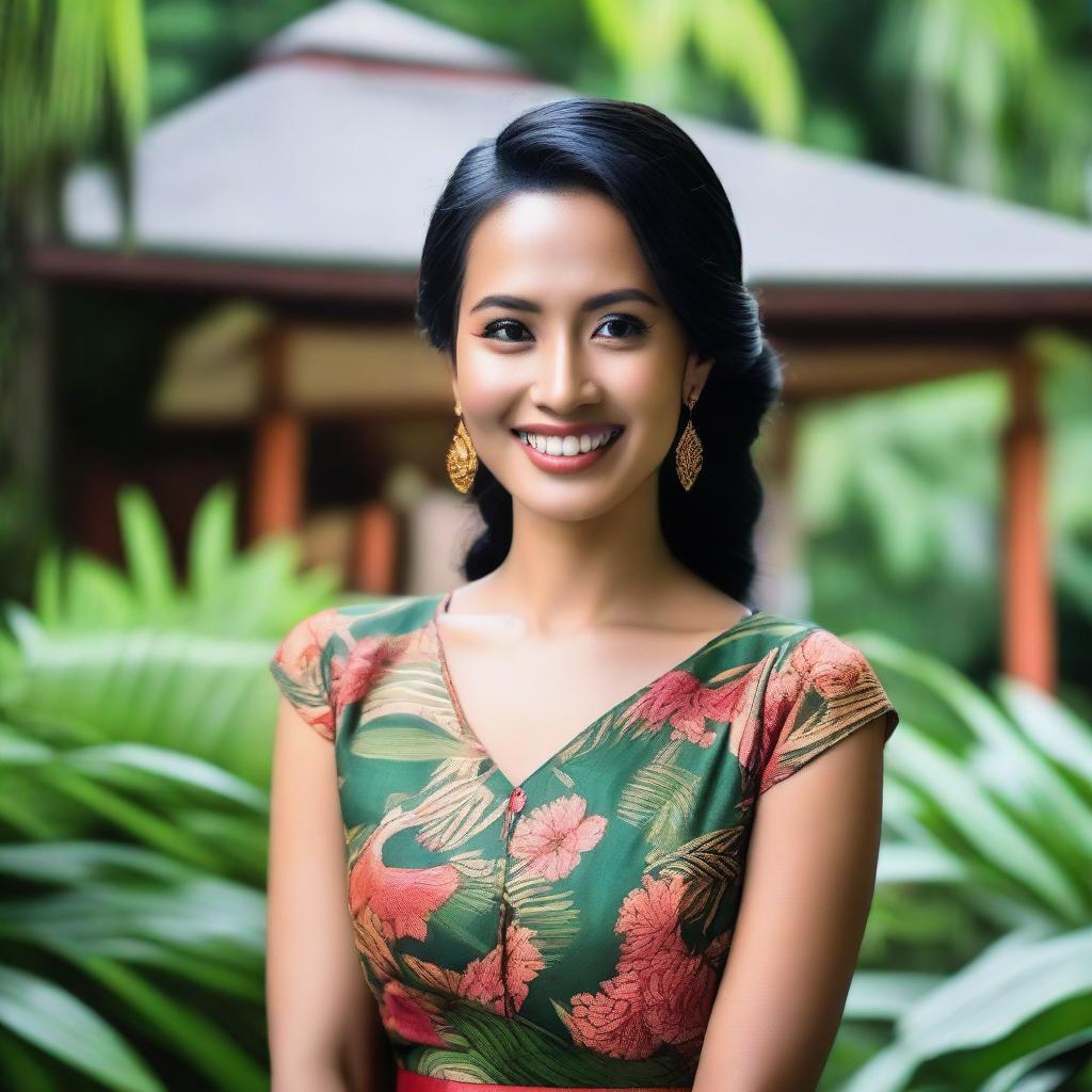 A beautiful Indonesian woman wearing traditional attire, smiling gracefully