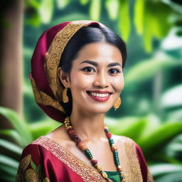 A beautiful Indonesian woman wearing traditional attire, smiling gracefully