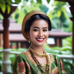 A beautiful Indonesian woman wearing traditional attire, smiling gracefully