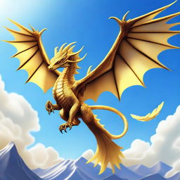 A golden wyvern with two legs and two wings, soaring majestically through a clear blue sky