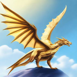 A golden wyvern with two legs and two wings, soaring majestically through a clear blue sky