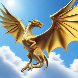 A golden wyvern with two legs and two wings, soaring majestically through a clear blue sky