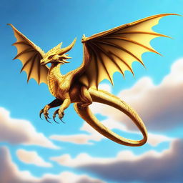 A golden wyvern with two legs and two wings, soaring majestically through a clear blue sky