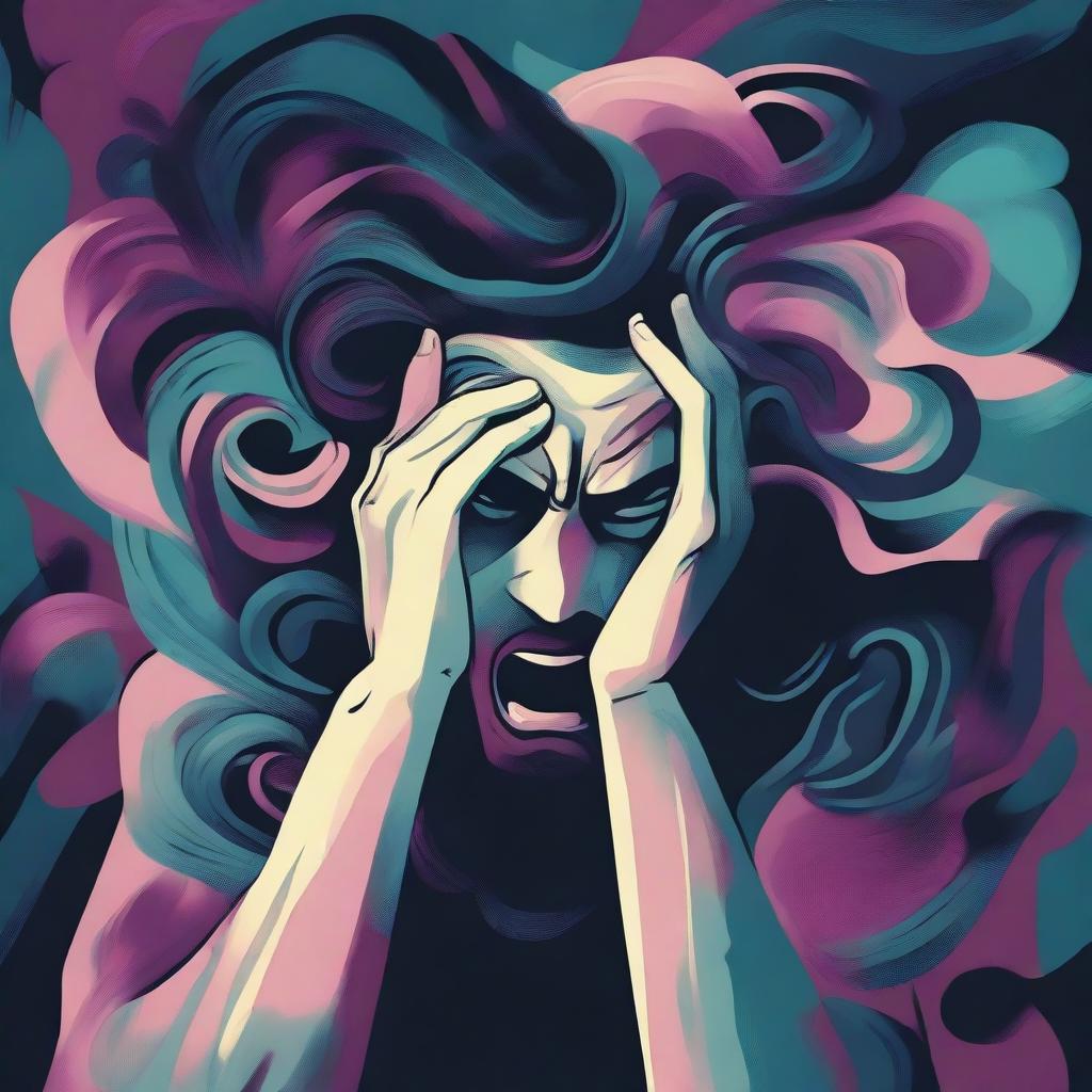 A person holding their head in their hands with a pained expression, surrounded by a chaotic swirl of dark, stormy colors