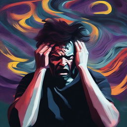 A person holding their head in their hands with a pained expression, surrounded by a chaotic swirl of dark, stormy colors