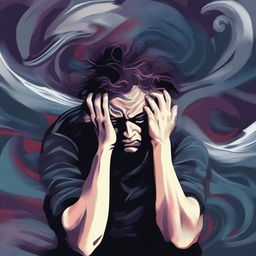 A person holding their head in their hands with a pained expression, surrounded by a chaotic swirl of dark, stormy colors