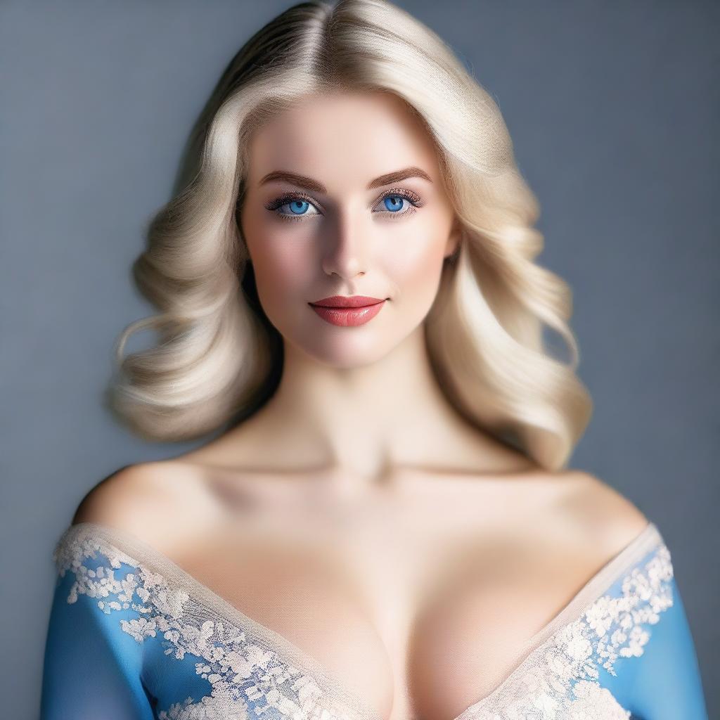 Create an image of a blonde woman with big breasts, wearing beautiful clothes, and having blue eyes and a very feminine face