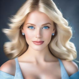 Create an image of a blonde woman with big breasts, wearing beautiful clothes, and having blue eyes and a very feminine face