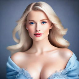 Create an image of a blonde woman with big breasts, wearing beautiful clothes, and having blue eyes and a very feminine face