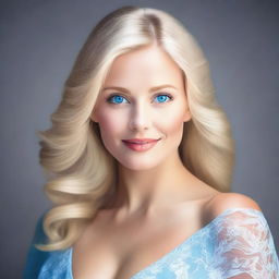 Create an image of a blonde woman with big breasts, wearing beautiful clothes, and having blue eyes and a very feminine face