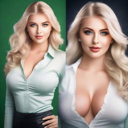 Create an image of a busty young woman with green eyes and blonde hair, dressed in sexy but tasteful clothes