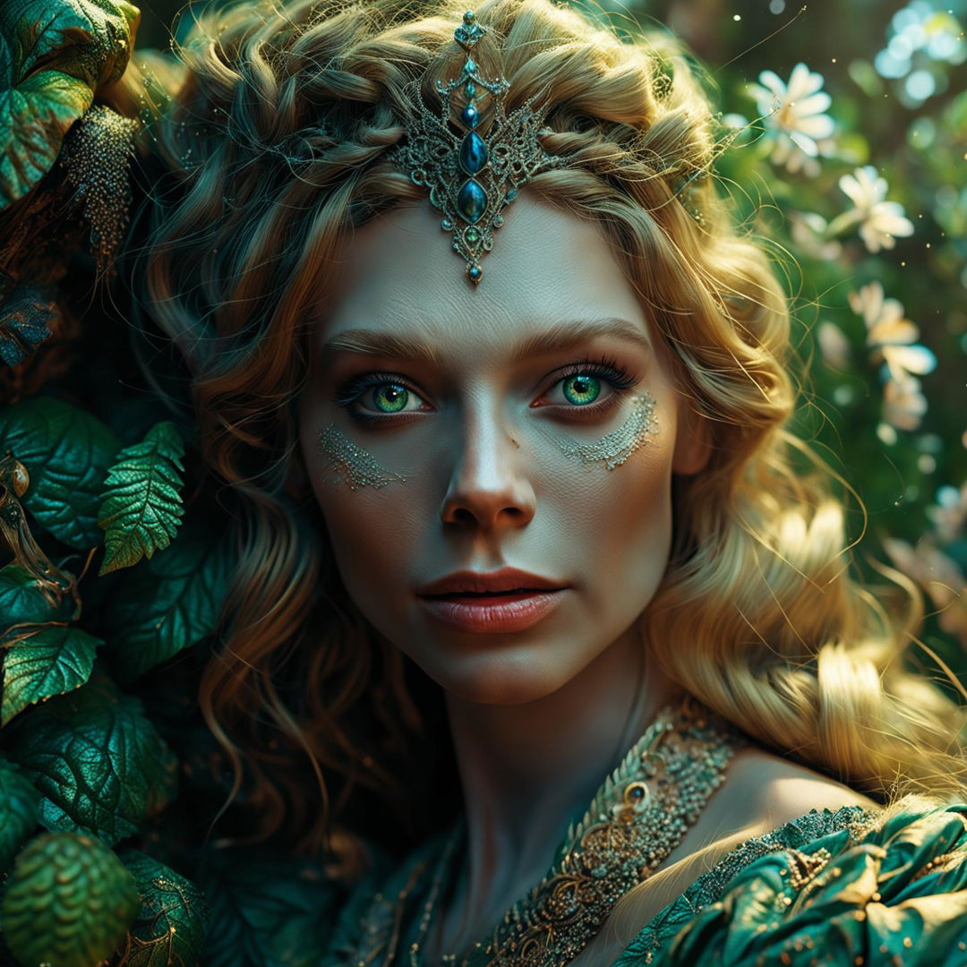 An intense close-up 3D photograph of a Russian elf queen's face, showcasing immaculate composition and lighting. The image is hyper-realistic, capturing the intricate details of her features in a vibrant and mystical Russian forest.