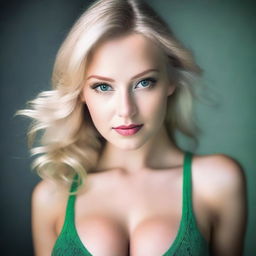 A young blonde woman with green eyes, wearing sexy clothes