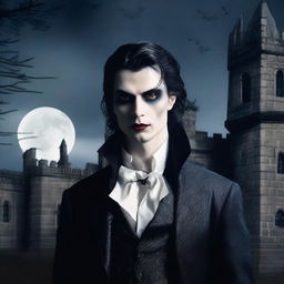 A detailed and atmospheric image of a vampire, with pale skin, sharp fangs, and piercing eyes