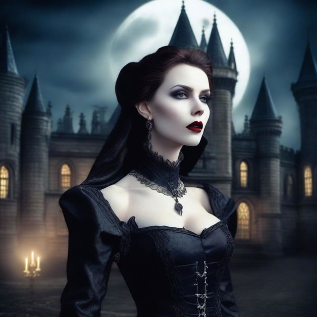 A detailed and atmospheric image of a vampire, with pale skin, sharp fangs, and piercing eyes