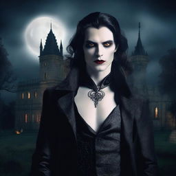 A detailed and atmospheric image of a vampire, with pale skin, sharp fangs, and piercing eyes