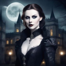 A detailed and atmospheric image of a vampire, with pale skin, sharp fangs, and piercing eyes