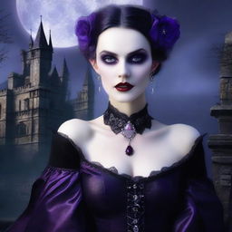 A detailed and atmospheric image of a female vampire with pale skin, sharp fangs, and piercing eyes