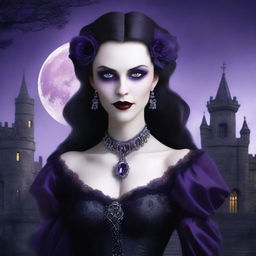 A detailed and atmospheric image of a female vampire with pale skin, sharp fangs, and piercing eyes