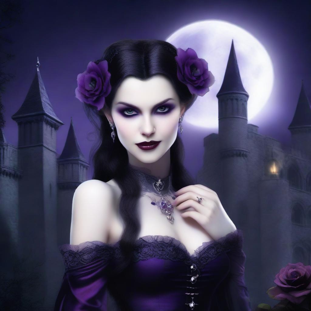 A detailed and atmospheric image of a female vampire with pale skin, sharp fangs, and piercing eyes