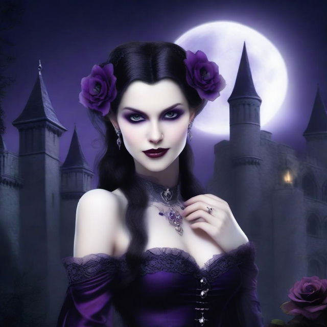 A detailed and atmospheric image of a female vampire with pale skin, sharp fangs, and piercing eyes