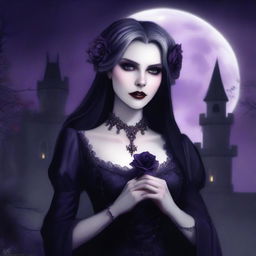 A detailed and atmospheric image of a female vampire with pale skin, sharp fangs, and piercing eyes