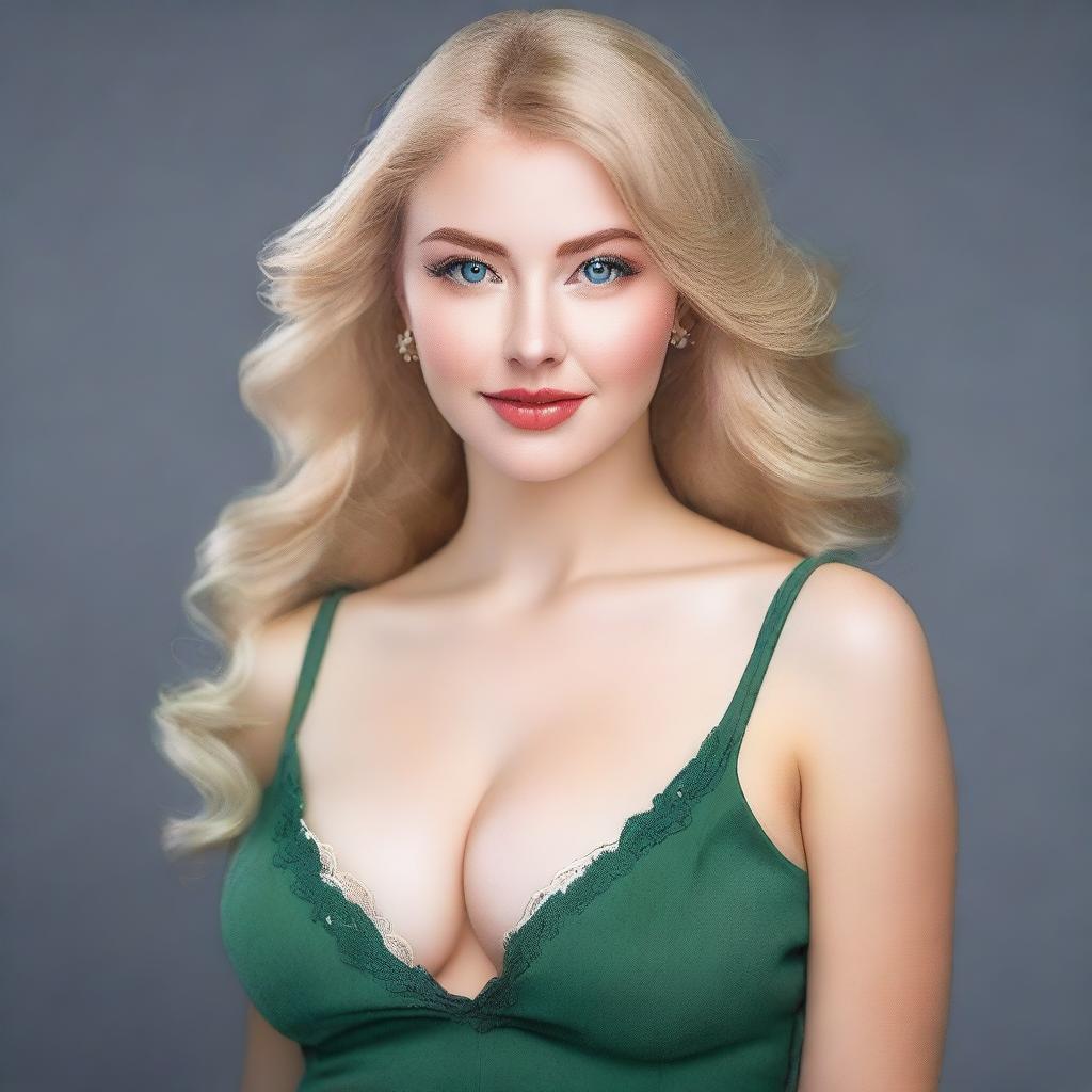 Create an image of a busty young woman with green eyes and blonde hair, dressed in sexy but tasteful clothes