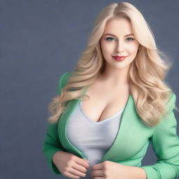 Create an image of a busty young woman with green eyes and blonde hair, dressed in sexy but tasteful clothes