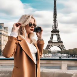 A stylish blonde woman with a curvy figure is taking a photo in Paris