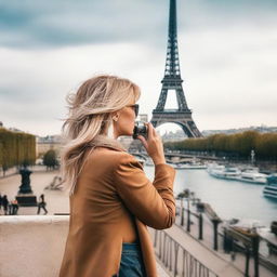 A stylish blonde woman with a curvy figure is taking a photo in Paris