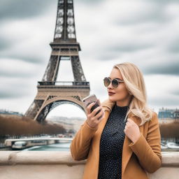 A stylish blonde woman with a curvy figure is taking a photo in Paris