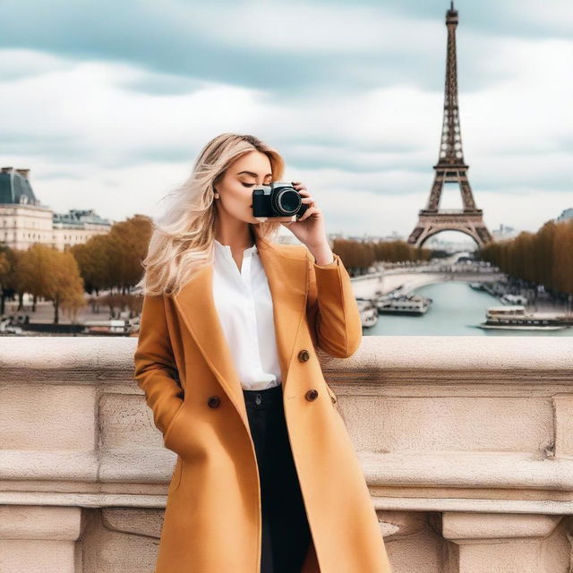 A stylish blonde woman with a curvy figure is taking a photo in Paris