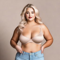 A woman with a curvy figure is wearing a blonde-colored bra