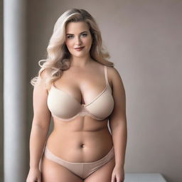 A woman with a curvy figure is wearing a blonde-colored bra