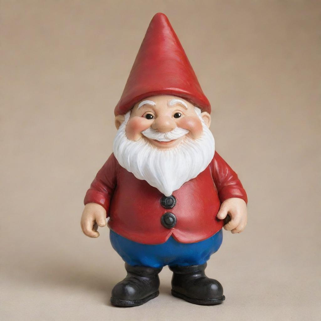 A short and plump gnome with a cheerful face and a jolly demeanor dressed in traditional gnome attire